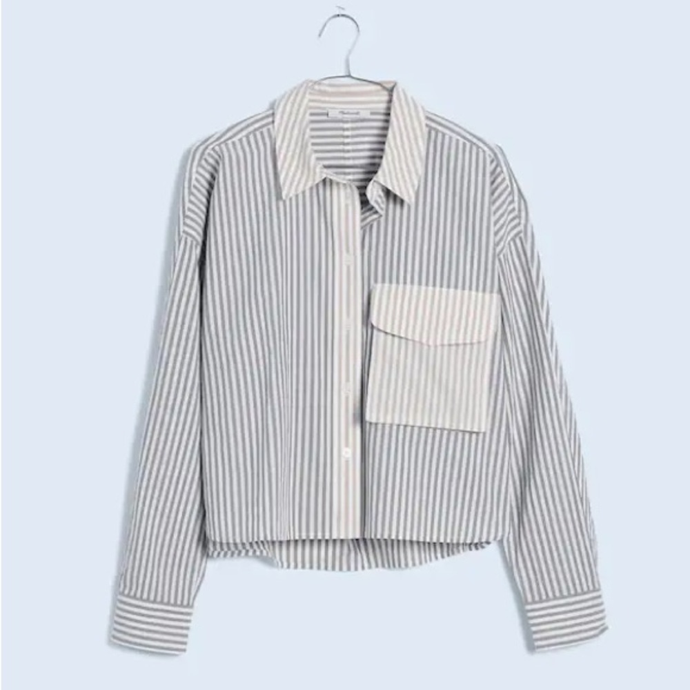 Madewell Flap-Pocket Crop Button-Up Shirt in striped cotton poplin taupe gray